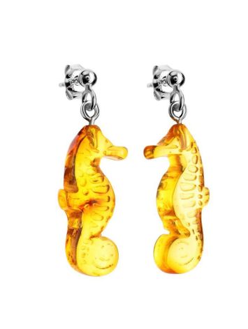 Очаровательные серьги из серебра с натуральным янтарём лимонного цвета «Морской конёк», image 
