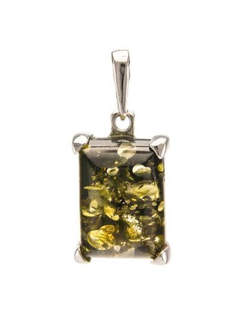 Silver Pendant With Square Green Amber Stone The Rectangle, image 