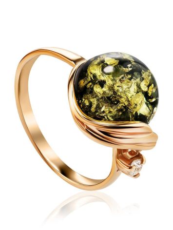Green Amber Ring In Gold With Crystal The Swan, Ring Size: 7 / 17.5, image 