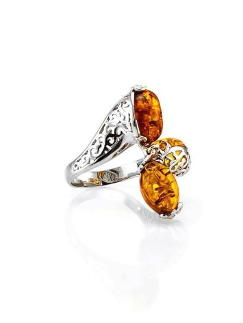 Sterling Silver Ring With Cognac Amber  And Dangle Bead The Casablanca, Ring Size: 5.5 / 16, image 