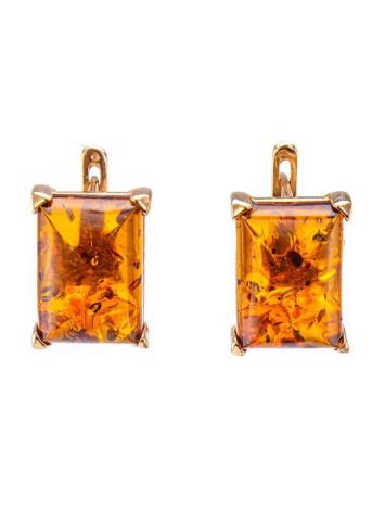Gold-Plated Silver Earrings With Square Cognac Amber Stone The Rectangle, image 