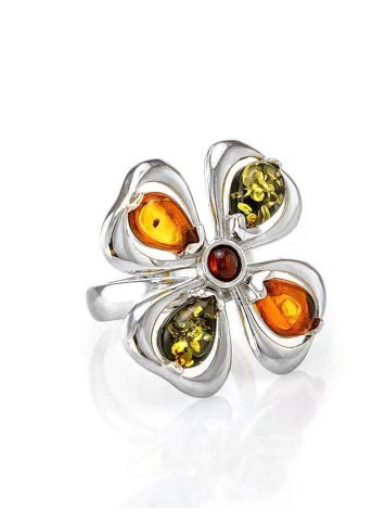 Adjustable Amber Ring In Sterling Silver The Shamrock, Ring Size: Adjustable, image 