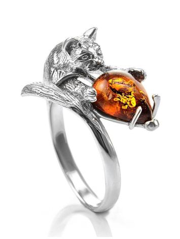 Cute And Fabulous Sterling Silver Ring With Cognac Amber The Cats, Ring Size: 8 / 18, image 