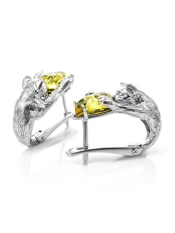 Cute And Fabulous Sterling Silver Earrings With Green Amber The Cats, image 