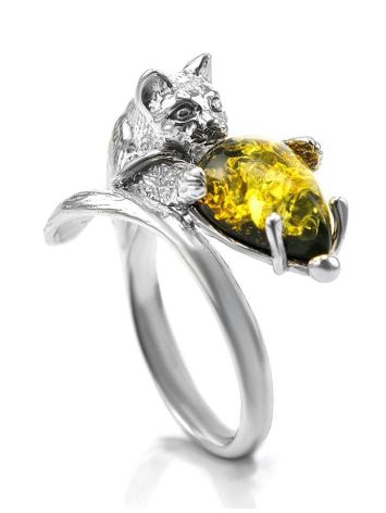 Cute And Fabulous Sterling Silver Ring With Green Amber The Cats, Ring Size: 8.5 / 18.5, image 