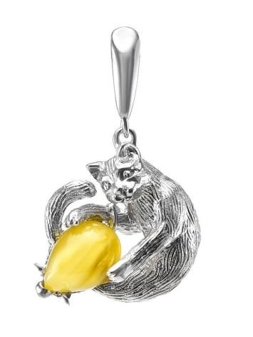Cute And Fabulous Sterling Silver Pendant With Honey Amber The Cats, image 
