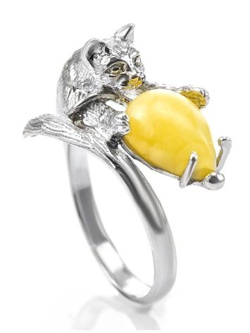 Cute And Fabulous Sterling Silver Ring With Honey Amber The Cats, Ring Size: 9.5 / 19.5, image 