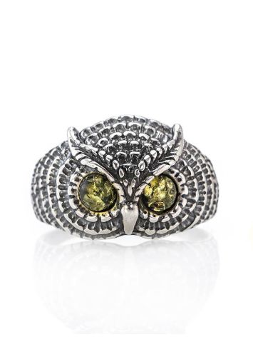 Stylish Animalistic Silver Ring With Green Amber The Owl, Ring Size: 9 / 19, image 