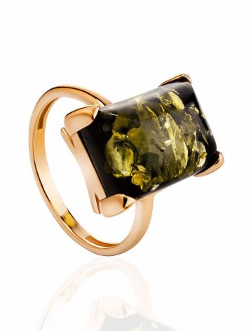 Gold-Plated Silver Ring With Square Green Amber Stone The Rectangle​, Ring Size: 6 / 16.5, image 