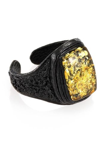 Leather Open Ring With Green Amber The Nefertiti, Ring Size: Adjustable, image 