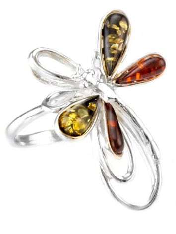 Stylish Sterling Silver Ring With Multicolor Amber The Dragonfly, Ring Size: 9.5 / 19.5, image 