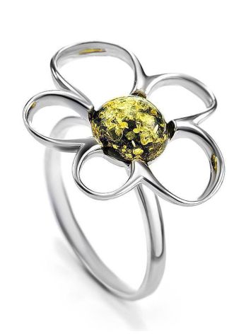 Filigree Silver Ring With Green Amber The Daisy, Ring Size: 8.5 / 18.5, image 