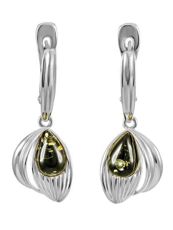 Bright Silver Drop Earrings With Green Amber The Bee, image 