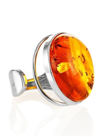 Round Amber Ring In Sterling Silver The Glow, Ring Size: Adjustable, image 