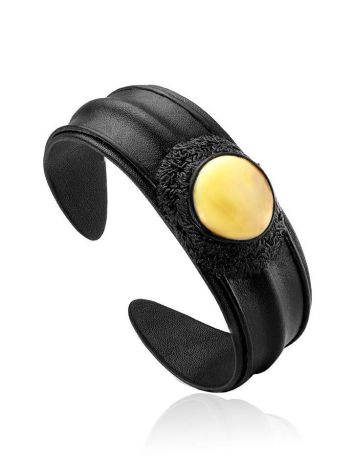 Dark Leather Cuff Bracelet With White Amber The Nefertiti, image 