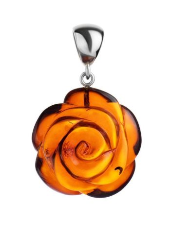 Carved Rose Flower Amber Pendant in Sterling Silver The Rose, image 