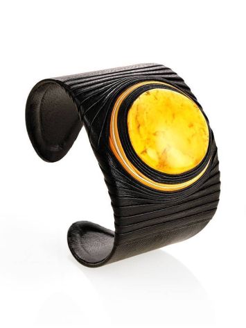 Dark Leather Cuff Bracelet With White Amber The Nefertiti, image 