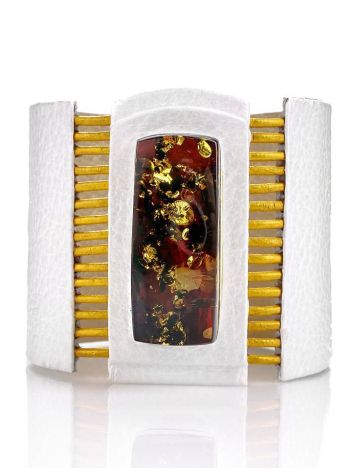 White Leather Bracelet With Green Amber The Amazon, image 