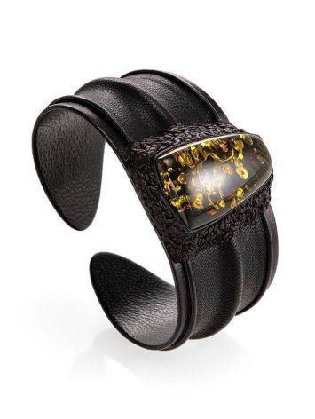 Leather Cuff Bracelet With Green Amber The Nefertiti, image 