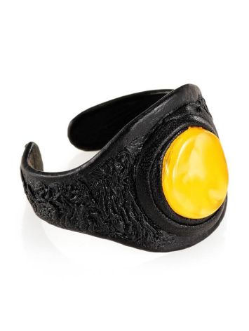 Dark Leather One Size Ring With Honey Amber The Nefertiti, Ring Size: Adjustable, image 