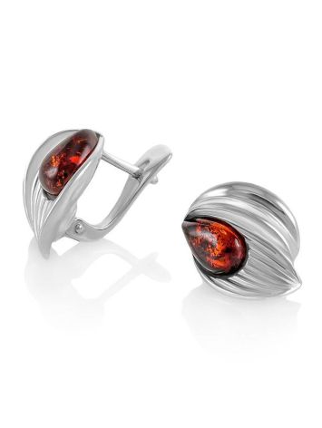 Bright Silver Earrings With Cherry Amber The Bee, image 