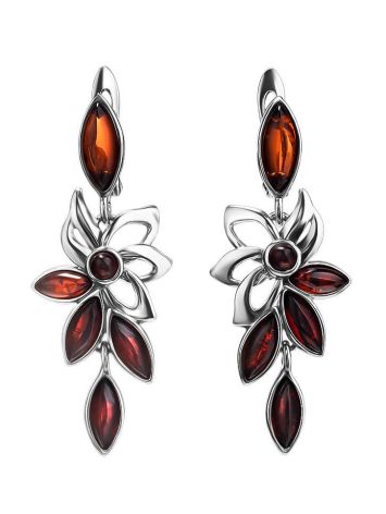 Floral Silver Earrings With Bright Cherry Amber The Verbena, image 