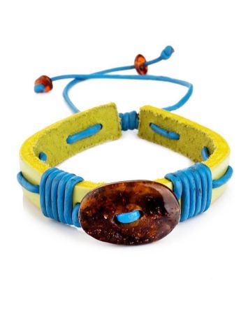 Yellow Leather Tie Bracelet With Cognac Amber The Copacabana, image 