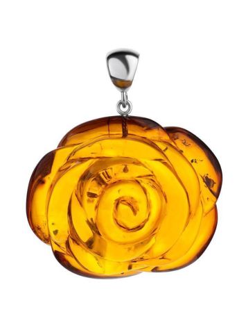 Large Carved  Flower Amber Pendant in Sterling Silver The Rose, image 