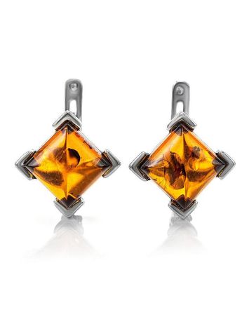 Square Silver Earrings With Cognac Amber The Artemis, image 