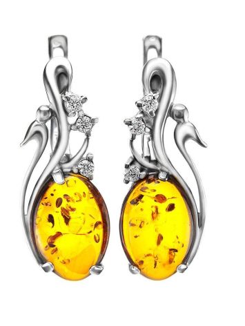 Cognac Amber Earrings In Sterling Silver With Crystals The Swan, image 