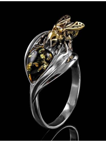 Cocktail Amber Ring In Sterling Silver The Bee, Ring Size: 9 / 19, image , picture 2