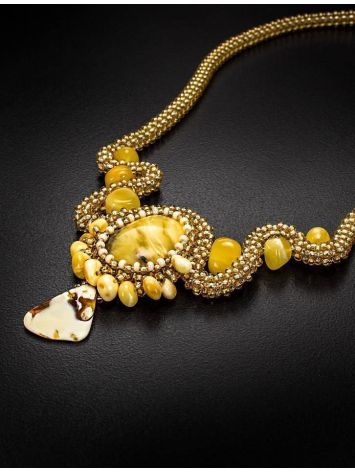 Honey Amber Braided Necklace With Yellowish Glass Beads The Fable, image , picture 2