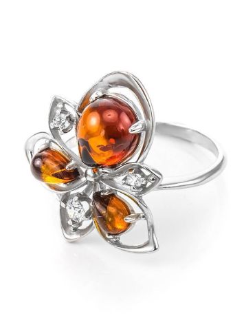Bold Silver Ring With Cognac Amber And Crystals The Edelweiss, Ring Size: 5.5 / 16, image , picture 3