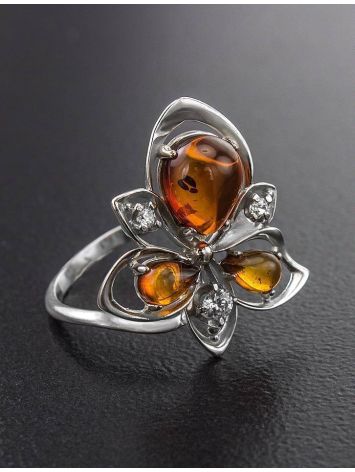 Bold Silver Ring With Cognac Amber And Crystals The Edelweiss, Ring Size: 5.5 / 16, image , picture 2