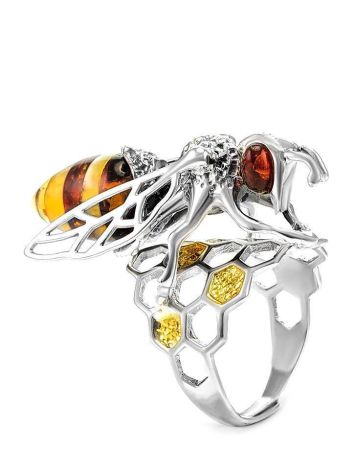 Cocktail Silver Ring With Honey Amber The Bee, Ring Size: Adjustable, image , picture 3