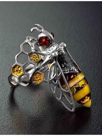 Cocktail Silver Ring With Honey Amber The Bee, Ring Size: Adjustable, image , picture 2