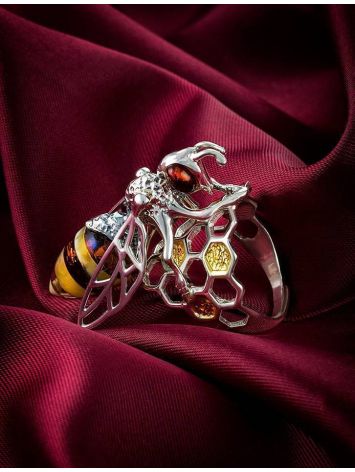 Cocktail Silver Ring With Honey Amber The Bee, Ring Size: Adjustable, image , picture 6