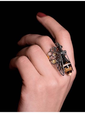 Cocktail Silver Ring With Honey Amber The Bee, Ring Size: Adjustable, image , picture 4