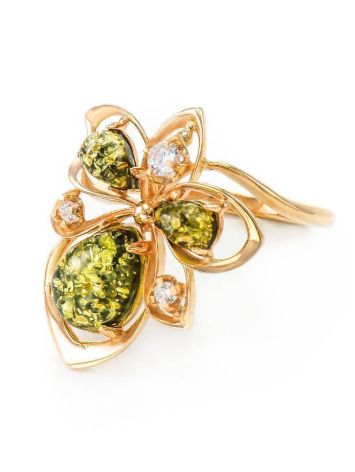 Green Amber Ring In Gold With Crystals The Edelweiss, Ring Size: 8 / 18, image , picture 4