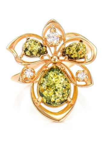 Green Amber Ring In Gold With Crystals The Edelweiss, Ring Size: 8 / 18, image , picture 3