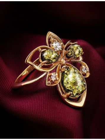 Green Amber Ring In Gold With Crystals The Edelweiss, Ring Size: 8 / 18, image , picture 2