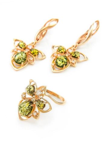Green Amber Ring In Gold With Crystals The Edelweiss, Ring Size: 8 / 18, image , picture 5