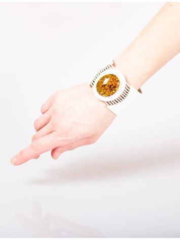 White Leather Bracelet With Green Amber The Amazon, image , picture 3