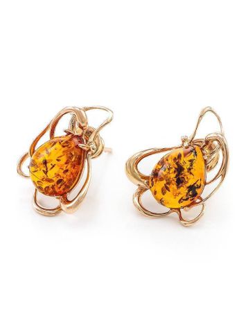 Floral Gold-Plated Earrings With Cognac Amber The Daisy, image , picture 3