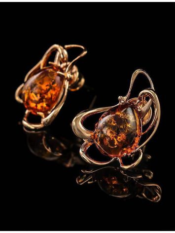 Floral Gold-Plated Earrings With Cognac Amber The Daisy, image , picture 2