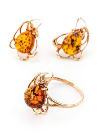 Floral Gold-Plated Earrings With Cognac Amber The Daisy, image , picture 5