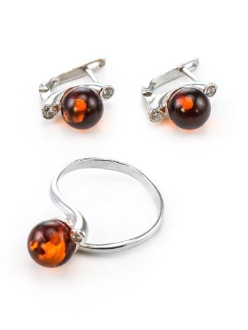 Cute Silver Ring With Cognac Amber And Crystals The Themis, Ring Size: 11.5 / 21, image , picture 5