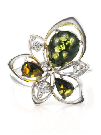 Sterling Silver Ring With Green Amber And Crystals The Edelweiss, Ring Size: 12 / 21.5, image , picture 3
