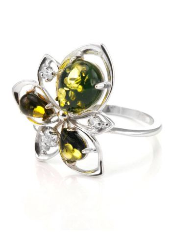 Sterling Silver Ring With Green Amber And Crystals The Edelweiss, Ring Size: 5.5 / 16, image , picture 4