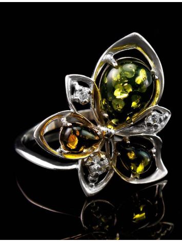 Sterling Silver Ring With Green Amber And Crystals The Edelweiss, Ring Size: 12 / 21.5, image , picture 5